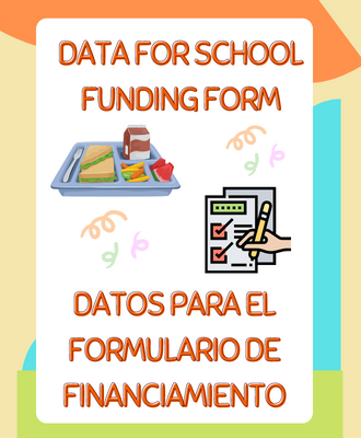  words "data for school funding form" with images of a school lunch and form with a hand and pencil